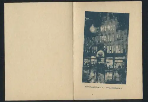 Klapp-AK Coburg, Carl Brandt GmbH, Geschäftshaus Spitalgasse 19, vorweihnachtliche Innendekoration
