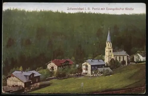 AK Johannisbad / Janske Lazne, Partie mit Evang. Kirche