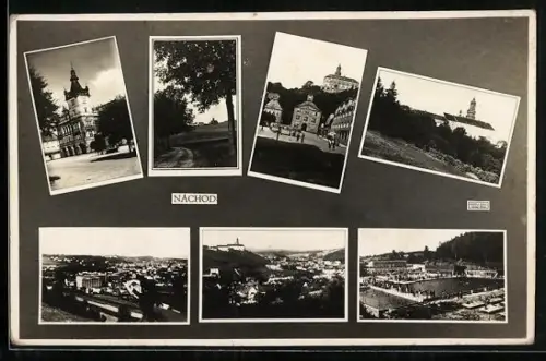 AK Nachod, Strassenpartie mit Schloss, Schwimmbad, Ortsansicht