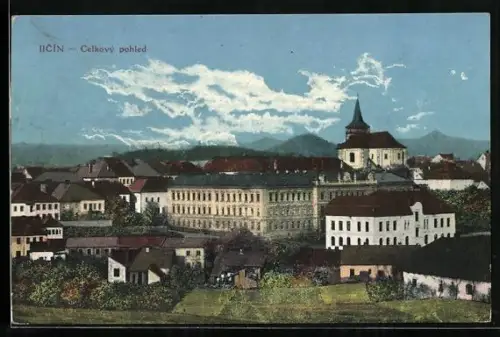 AK Jicin, Ortspanorama mit Kirche