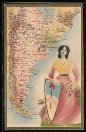 Relief-AK Argentinien, Landkarte mit Gebirgszügen, Frau mit Wappen und Ölzweig