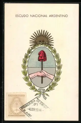 AK Escudo Nacional Argentino, Dos brazos cuyas manos se estrechan en el centro del campo