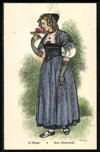 Künstler-AK Bernerin aus dem Simmental an einer Rosenblüte riechend