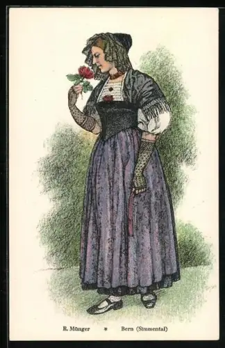 Künstler-AK Bernerin aus dem Simmental an einer Rosenblüte riechend