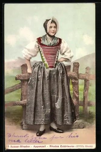 AK Ausser-Rhoden-Appenzell, Frau in Tracht steht am Zaun