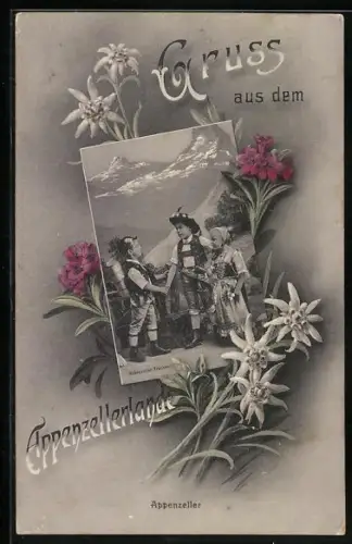 AK Kanton Appenzell, Kinder in Trachten, schöner Rahmen mit Blumen verziert