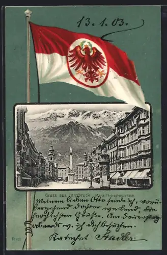 Lithographie Innsbruck, Maria-Theresienstrasse mit Säulendenkmal, Österr. Fahne mit Adler, Rahmen