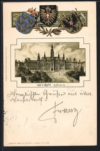 Präge-Lithographie Wien, Rathaus mit Anlage, Wappen, Ornamente