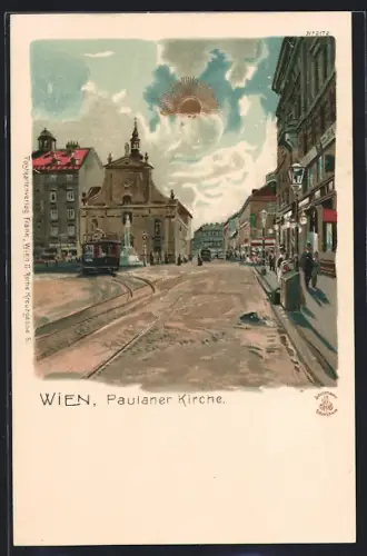 Lithographie Wien, Strassenpartie an der Paulaner Kirche, Strassenbahn