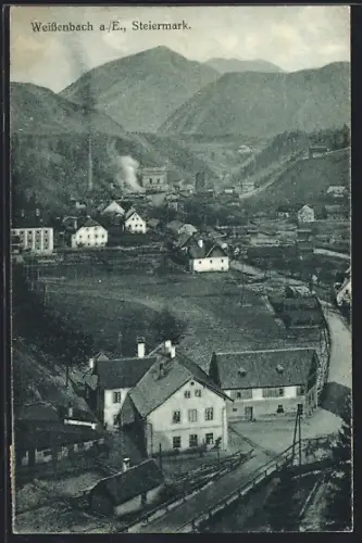 AK Weissenbach a. E., Teilansicht mit Fabrik, Brücke und Strasse aus der Vogelschau