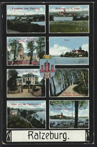 AK Ratzeburg, Dom, Schloss Farchau, Panorama von der Baek