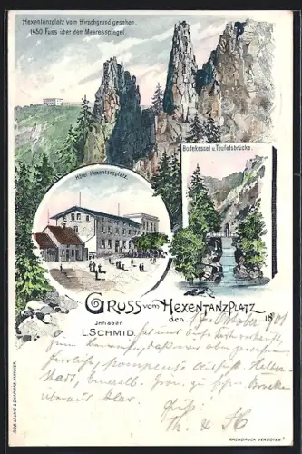 Lithographie Thale, Hotel Hexentanzplatz, Bodekessel & Teufelsbrücke