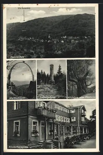 AK Dannenfels, Kinderheilstätte Villa Donnersberg, Moltkebogen, Ludwigsturm, 900 Jahre alte Kastanie