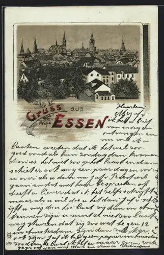 Lithographie Essen / Ruhr, Blick über die Dächer