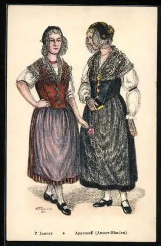 Künstler-AK P. Tanner: Appenzell, zwei Frauen aus Ausser-Rhoden