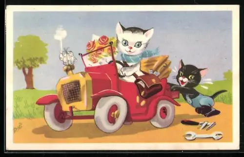 Künstler-AK Katze fährt mit losen Reifen im Auto, vermenschlichte Tiere