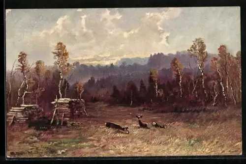 Künstler-AK M. Müller jun.: Rehe beim Grasen auf einer Lichtung