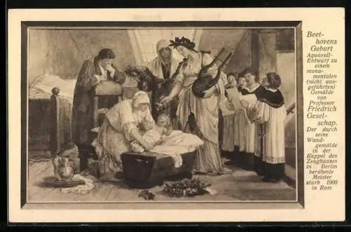 Künstler-AK Beethovens Geburt, Aquarell-Entwurf von Friedrich Geselschap