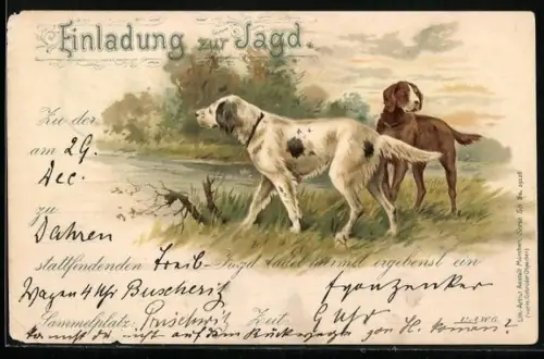 Künstler-AK Jagdeinladung, Jagdhunde auf der Pirsch