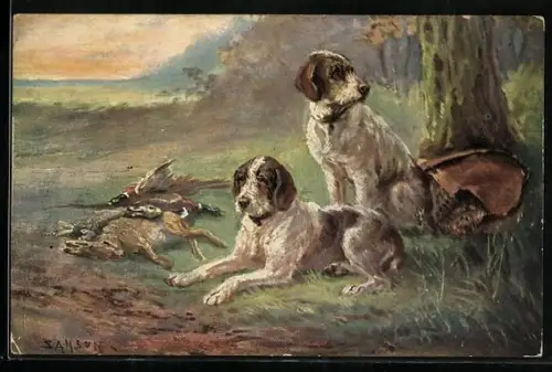 Künstler-AK Jagdhunde, zur Rast an einem Baum mit der Beute