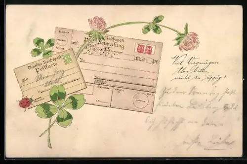AK Postkarte und Post-Anweisung mit blühendem Klee und Marienkäfer