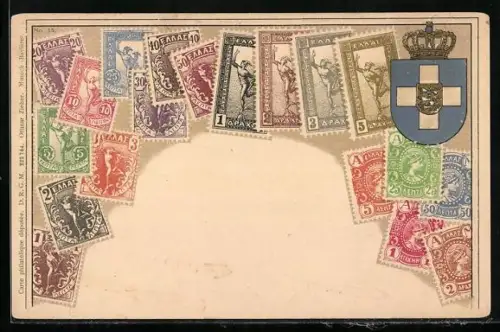 AK Briefmarken und Wappen von Griechenland