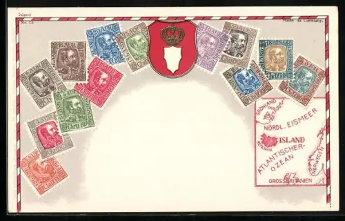 AK Island, Briefmarken, Wappen, Landkarte