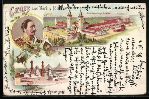 Lithographie Berlin, Ausstellung 1896, Haupt-Ausstellungs-Gebäude, Kairo, Kaiserportrait
