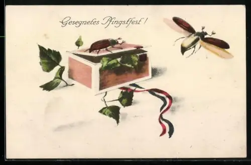 Künstler-AK Streichholzschachtel für Maikäfer, Birkenblätter