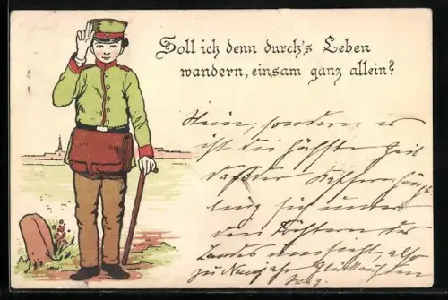 Lithographie Soll ich denn durch`s Leben wandern, einsam ganz allein?, Briefträger