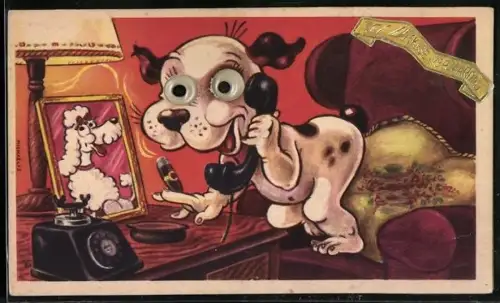 Glasaugen-AK Hund mit Wackelaugen am Telefon