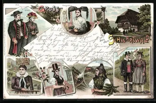 Lithographie Männer und Frauen in Schwarzwälder Tracht. Markgräflerin, Hauensteiner und Gutacher