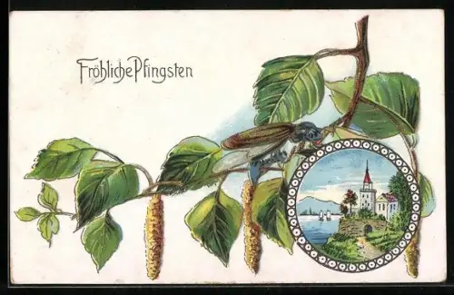 AK Uferpartie und Boote, Maikäfer auf einem Zweig, Pfingstgruss