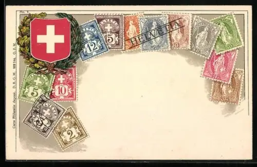 AK Schweizer Briefmarken und Wappen