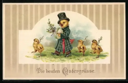 AK Osterküken mit Osterei und Kätzchenzweig, Ostergruss
