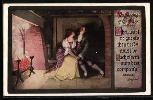 AK Liebespaar sitzt zusammen am Kamin