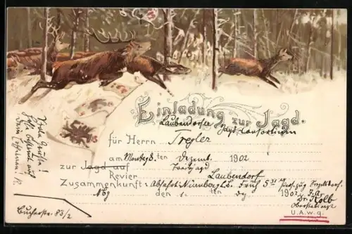 Lithographie Fliehende Rehe im Schnee, Jagdeinladung