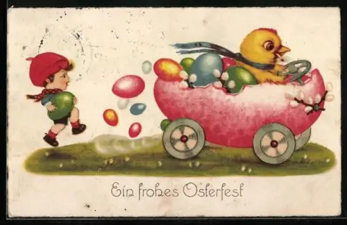 AK Osterküken im Eier-Auto