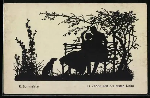 Künstler-AK R. Borrmeister: Schattenbild, Liebespaar auf einer Bank mit Hund