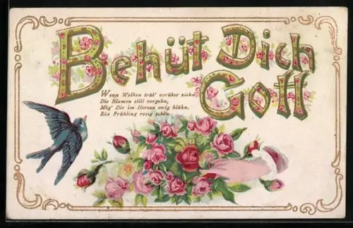 AK Behüt Dich Gott!, Rosenstrauss mit Schwalbe und Spruch