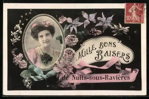 AK Nuits-sous-Ravieres, Mille Bons Baisers, Frauenportrait mit Blumenschmuck