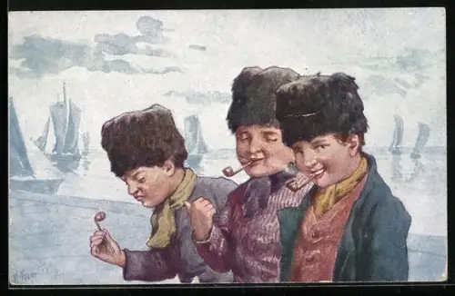 Künstler-AK Karl Feiertag: Jungen lachen einen aus, der die Pfeife nicht mag