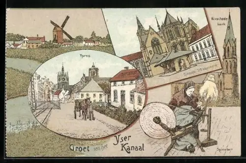 Künstler-AK Ypres, Dixmude St. Niklaaskerk, Bixschoote kerk, Spinstar