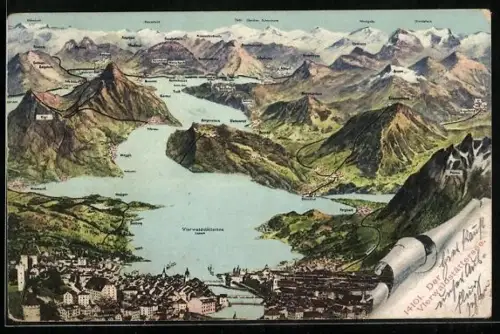 Künstler-AK Luzern mit Vierwaldstättersee, Ortschaften um den See herum