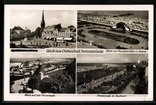 AK Swinemünde, Musikpavillon, Strand, Promenade und Kurhaus
