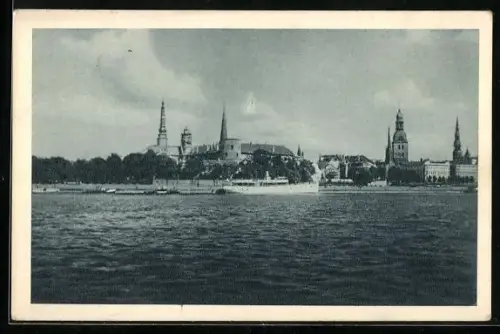 AK Riga, Ortsansicht mit Dampfer