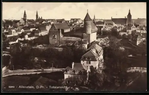 AK Allenstein, Gesamtansicht mit Schloss, Dom und Strassenpartie