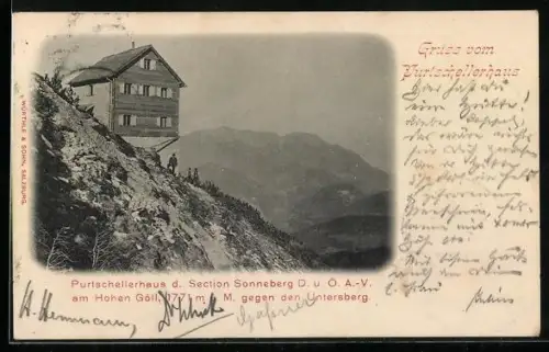 AK Purtschellerhaus d. Section Sonneberg D. u. Ö. A.-V. am Hohen Göll gegen den Untersberg
