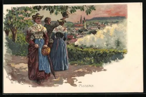 Künstler-AK Fritz Bergen: Miesbach, Leute in bayerischer Tracht schauen auf den Ort