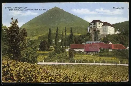 AK Milleschau, Blick zum Schloss und den Donnersberg dahinter